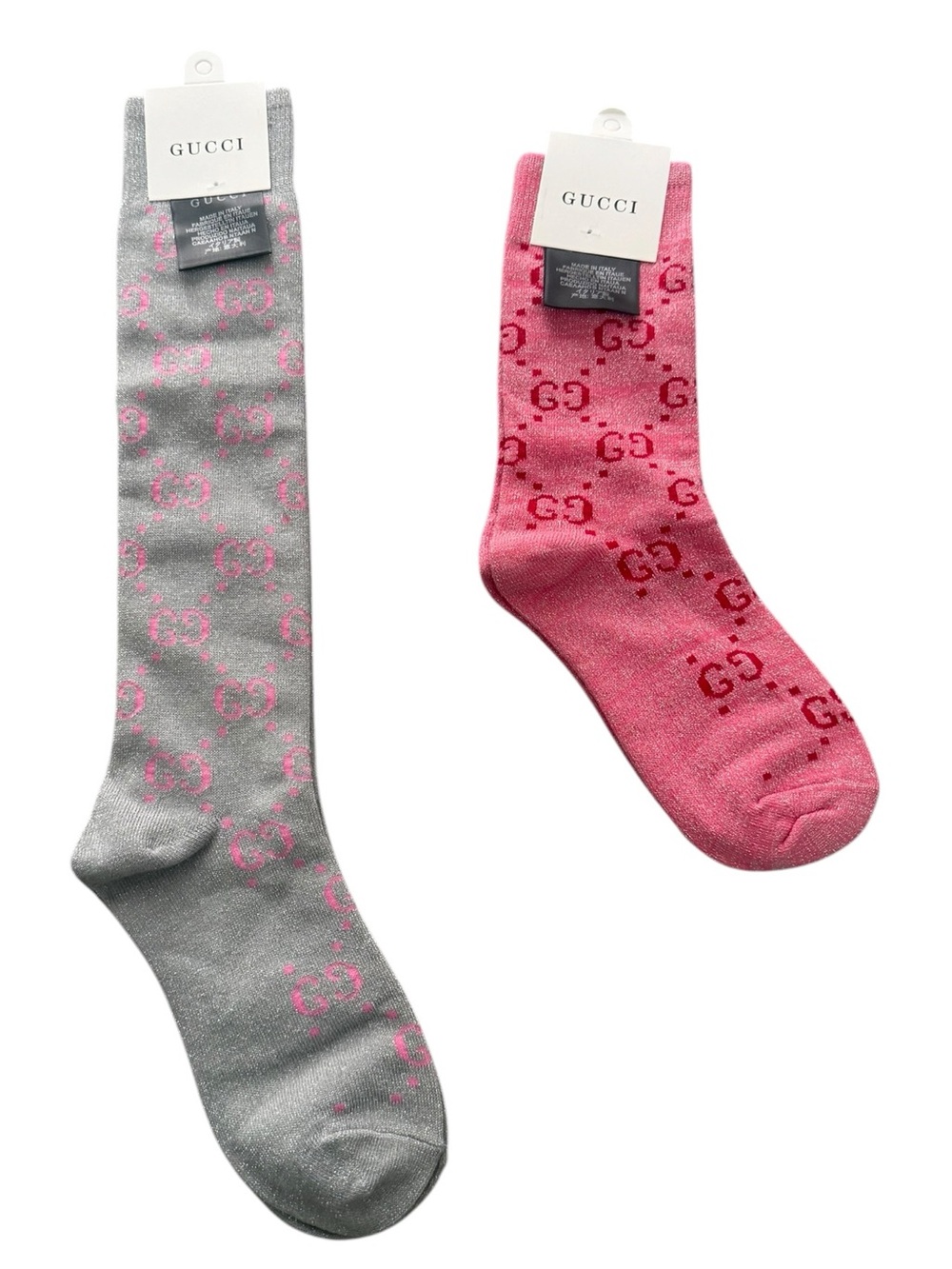 2 Pair Gucci Outlet GG Monogram Socks. 1 Knee High & 1 Crew— Pink & Gray